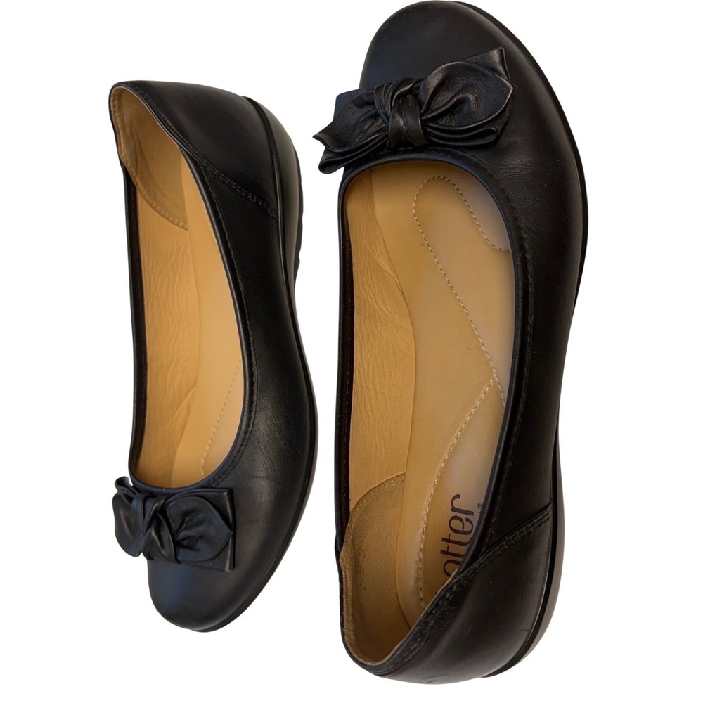 Hotter Jewel Black Leather Ballet Flats Bow Detail Comfort Shoes Womens 10